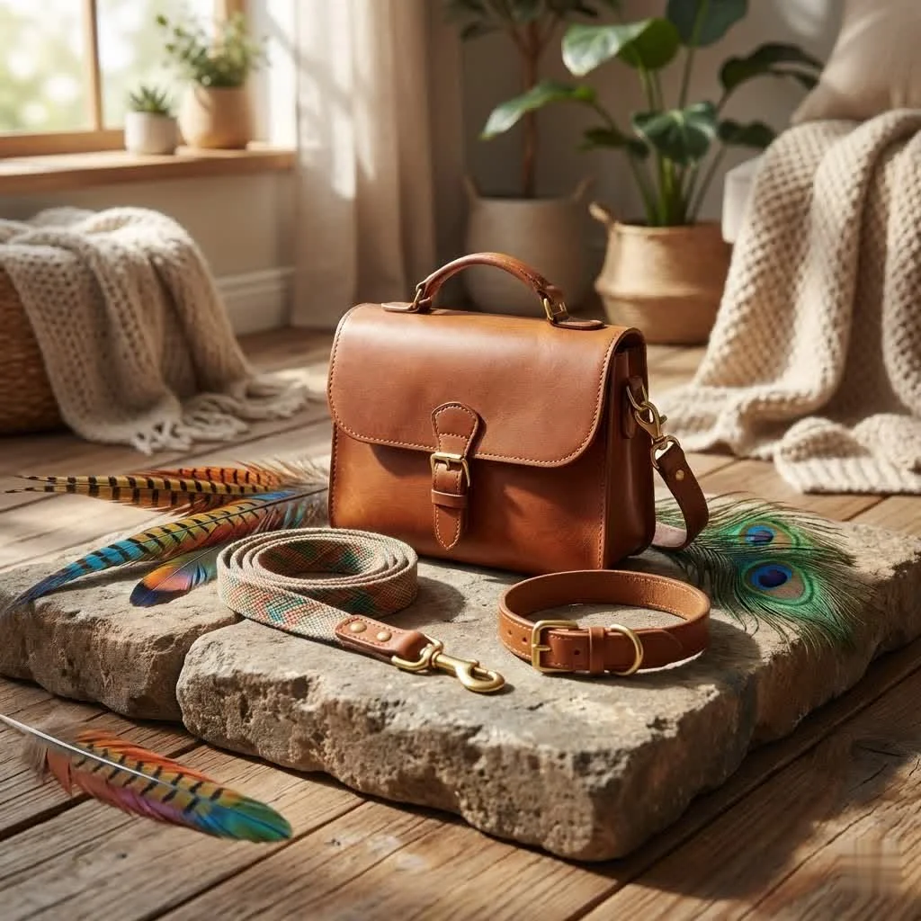 Elegant brown leather handbag on a wooden surface