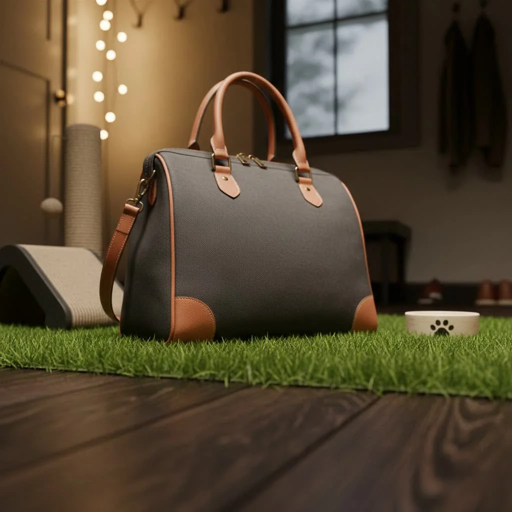 Woman holding a stylish cloth handbag