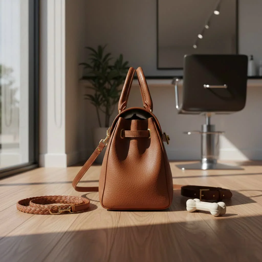 Woman holding a stylish handbag while shopping