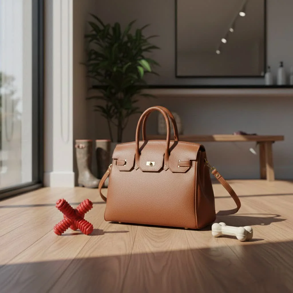 Woman holding a stylish leather handbag