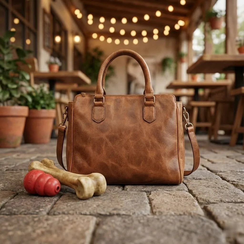 Woman holding a stylish leather handbag